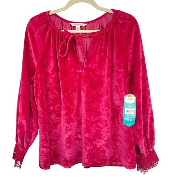 The Pioneer Woman Size Small 4-6 Stamped Velvet red pink Peasant Top Shirt NWT - Picture 1 of 8